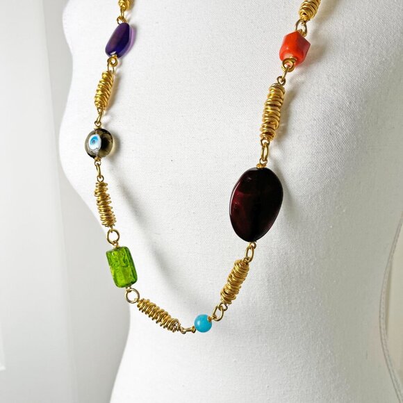 Handcrafted Gold-Toned Bohemian Cocoon Necklace – Multicolored Stones & Beads - Picture 3 of 4
